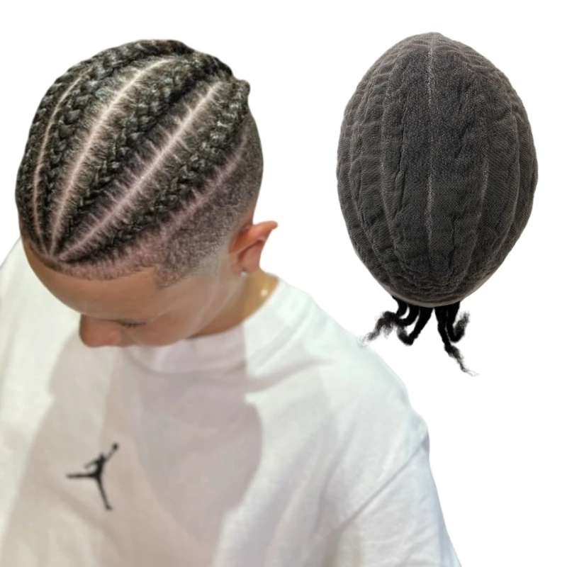Malaysian Virgin Human Hair Hairpiece #1b Black Afro Cornrow Braids Toupee 8x10 Full Lace Unit for Black Men