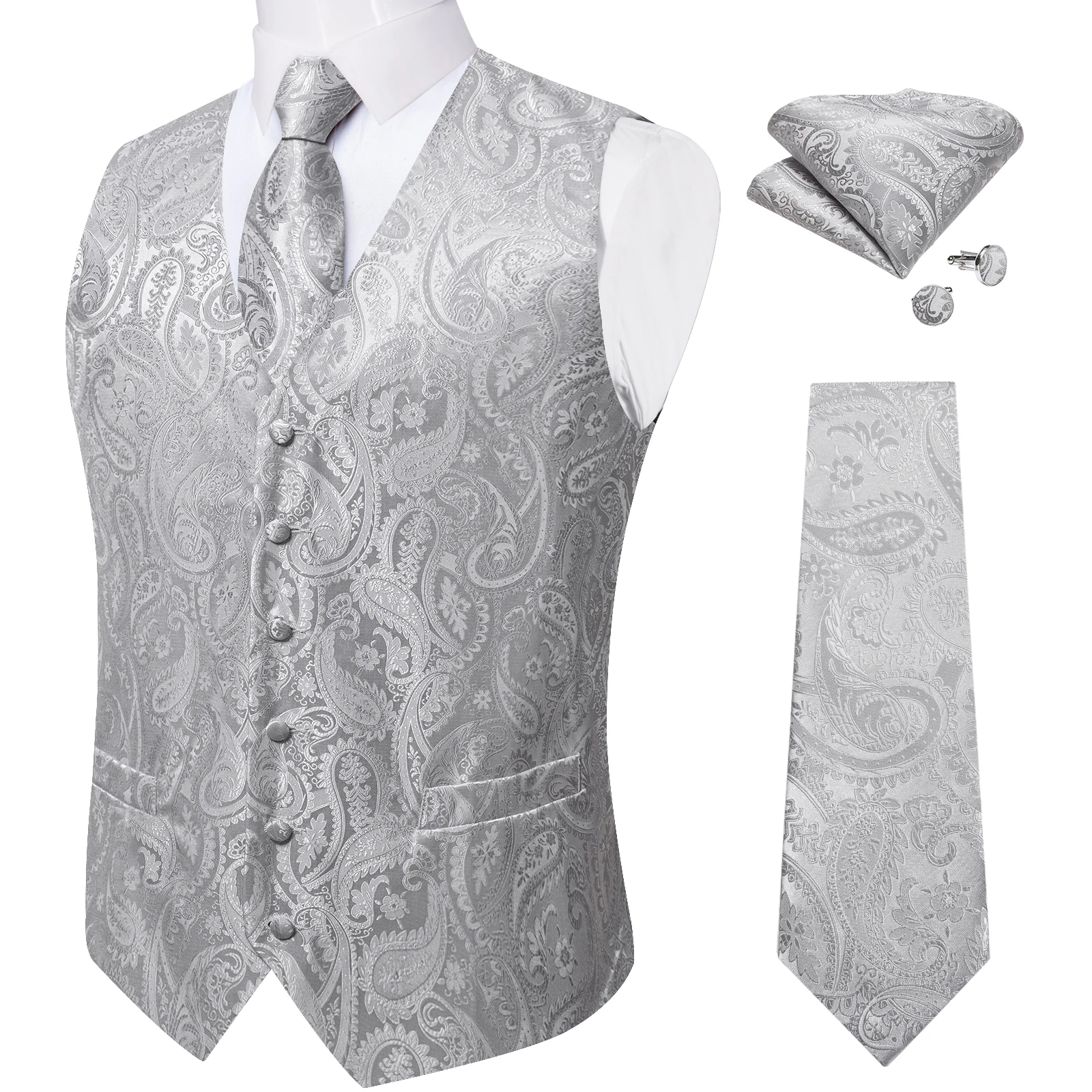Gilet Smoking Con Cravatta E Fazzoletto Gilet Da Uomo Con Cravatta E Fazzoletto - Design Paisley, Satinato, Abito Smoking Elegante Gilet Abbinato Cravatta E Fazzoletto
