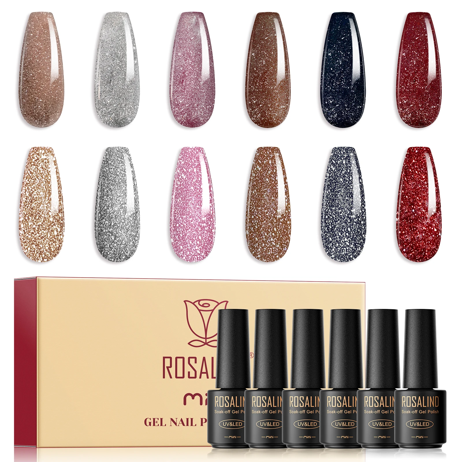 

Rosalind 6Pcs Gel Polish Set Varnish Hybrid Refective Glitter Semi Permanent Uv Led Nail Polish Top Base Coat Nail Gel Kit