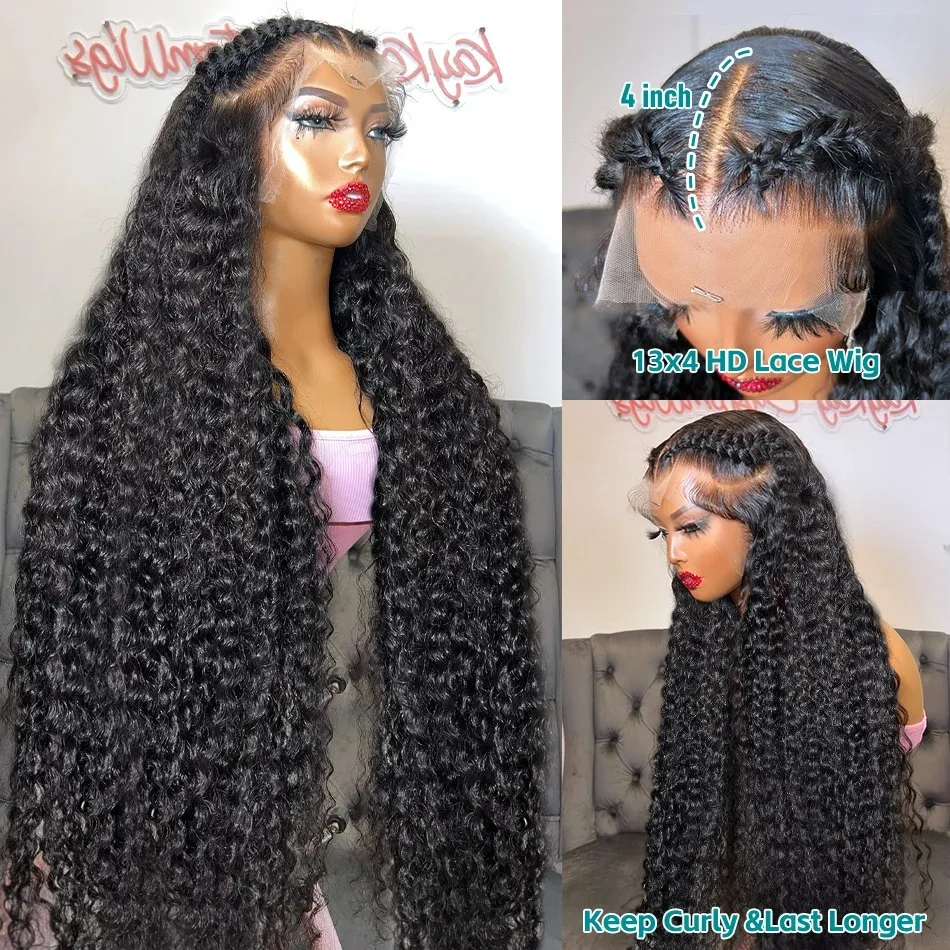 36 38 Inch Deep Wave 13x6 HD Transparent Lace Front Wig 13x4 Curly Lace Front Human Hair Wigs 200 Density For Women PrePlucked human hair wig