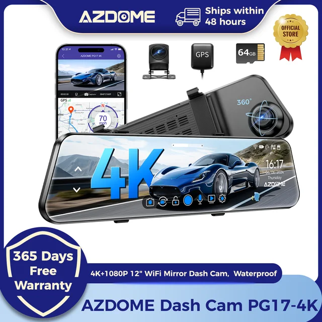 AZDOME-Caméra de Tableau de Bord avec Rétroviseur, Wifi, 12 Pouces, 4K, Avant et 1080P, pour Voitures, Touristes, Étanche 1
