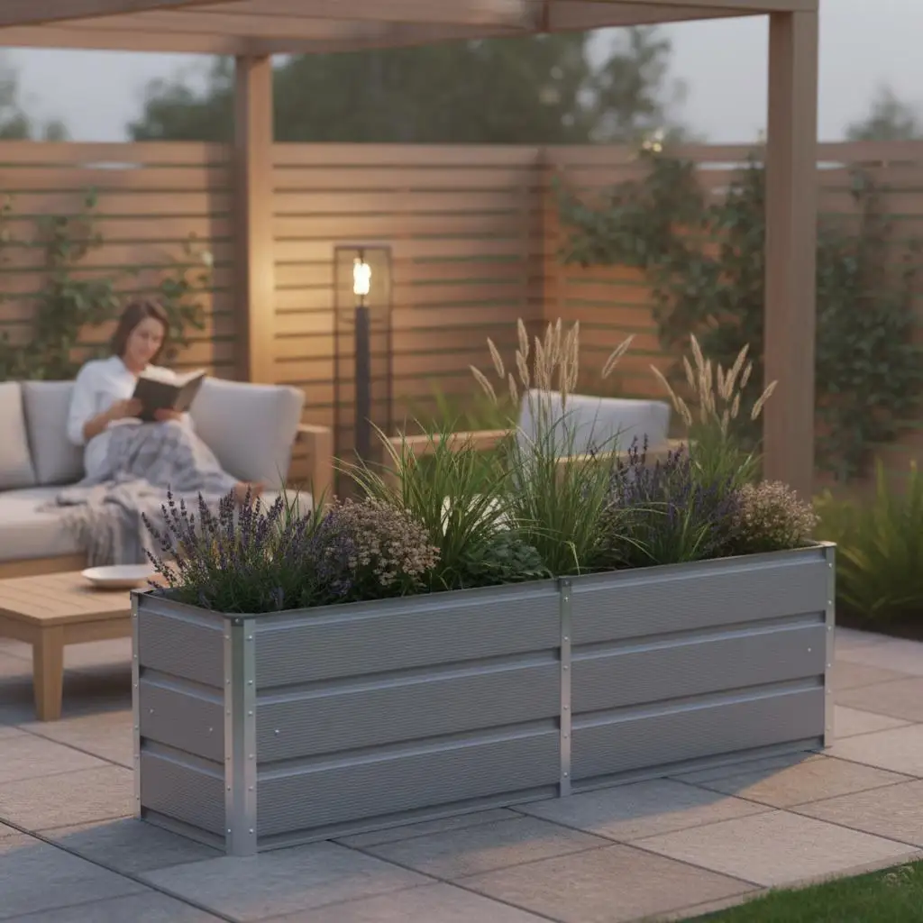 Pflanzkübel aus hellgrauem Stahl 160x40x45 cm für Innen- und Außenbereich, lange Pflanzkübel im modernen Design für Garten und Terrasse – Detail 2