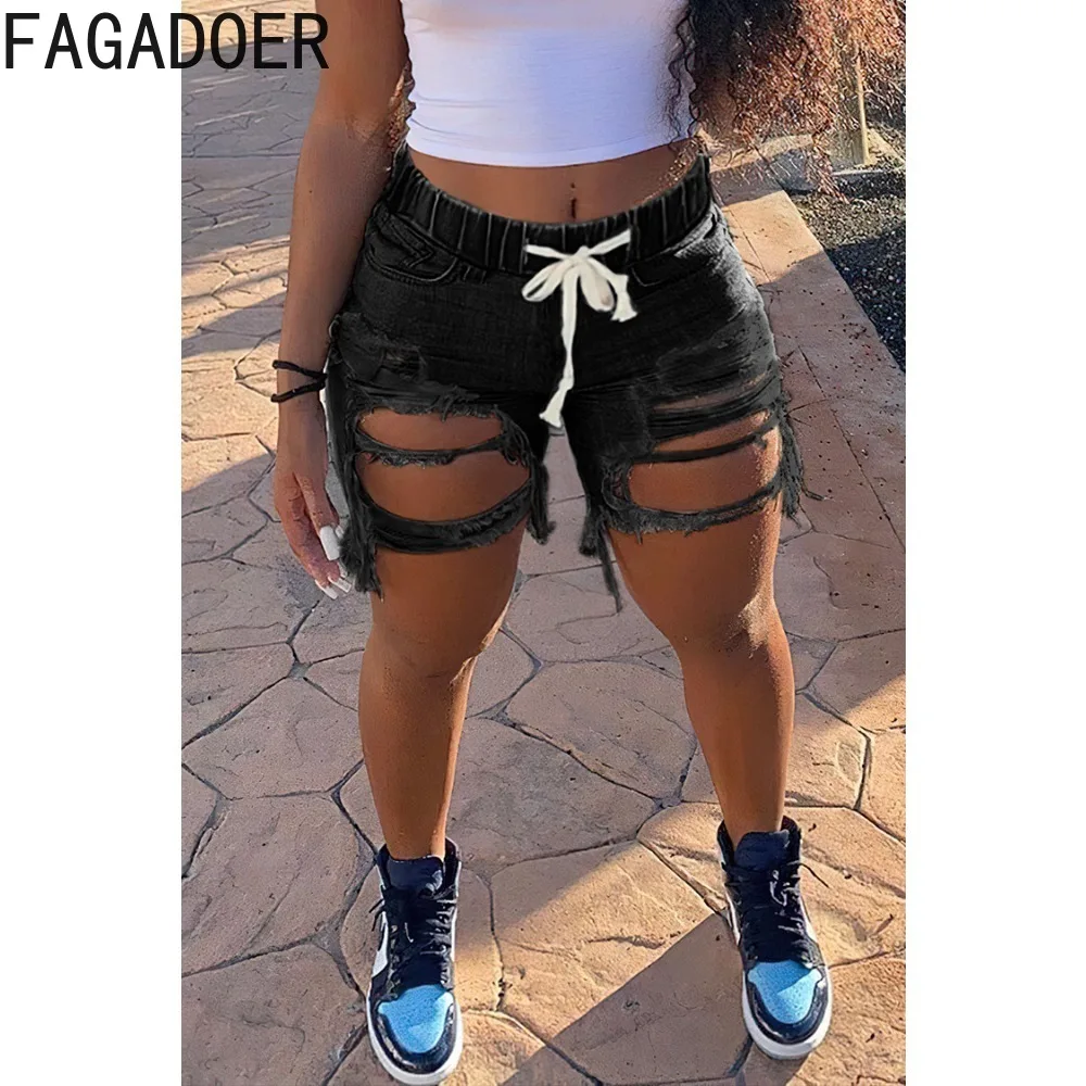 FAGADOER Fashion Streetwear Women High Waist Drawstring Lace Up Hole Denim Shorts Casual Female Elasticity Skinny Shorts Bottoms