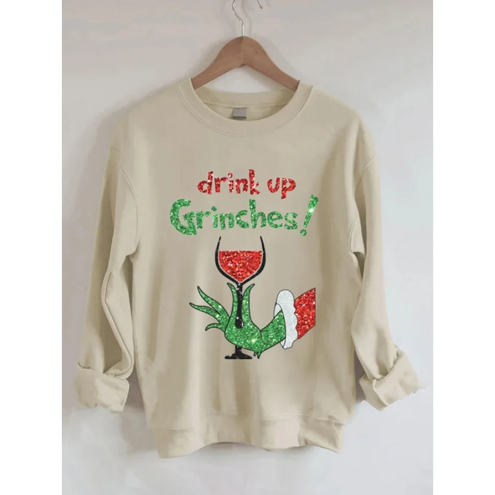 

Y2K Hoodies Drink Up Grinches Christmas Sweatshirt Graphic Sweatshirts Long sleeve Round Neck Pollover Woman clothing