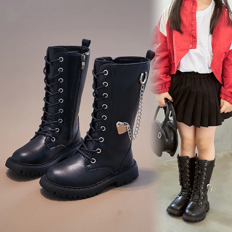 Kids'Boots 솔리드 컬러 PU 가죽 러브 패션 가을 무릎 높이 부츠 소녀용 미끄럼 방지 통기성 블랙 화이트 사이즈 21-37