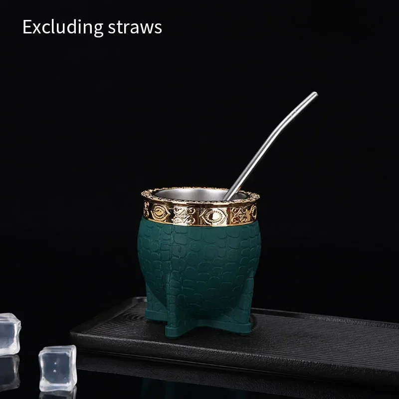 1Pc Stainless Steel Double-layer Paraguay Water Cup  With Straw Turtle Shell Texture Eggshell Cup Leather Texture Eggshell Cup