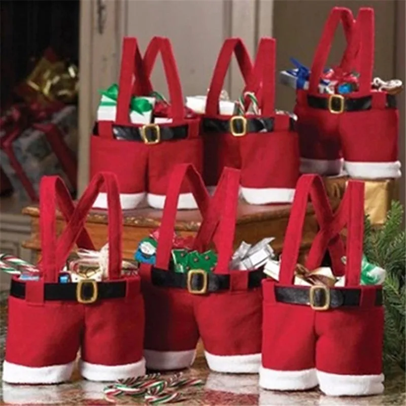 Merry Christmas Gift Treat Candy Wine Bottle Holder Santa Claus Suspender Pants Trousers Decor Christmas Gift Bags 1Pcs