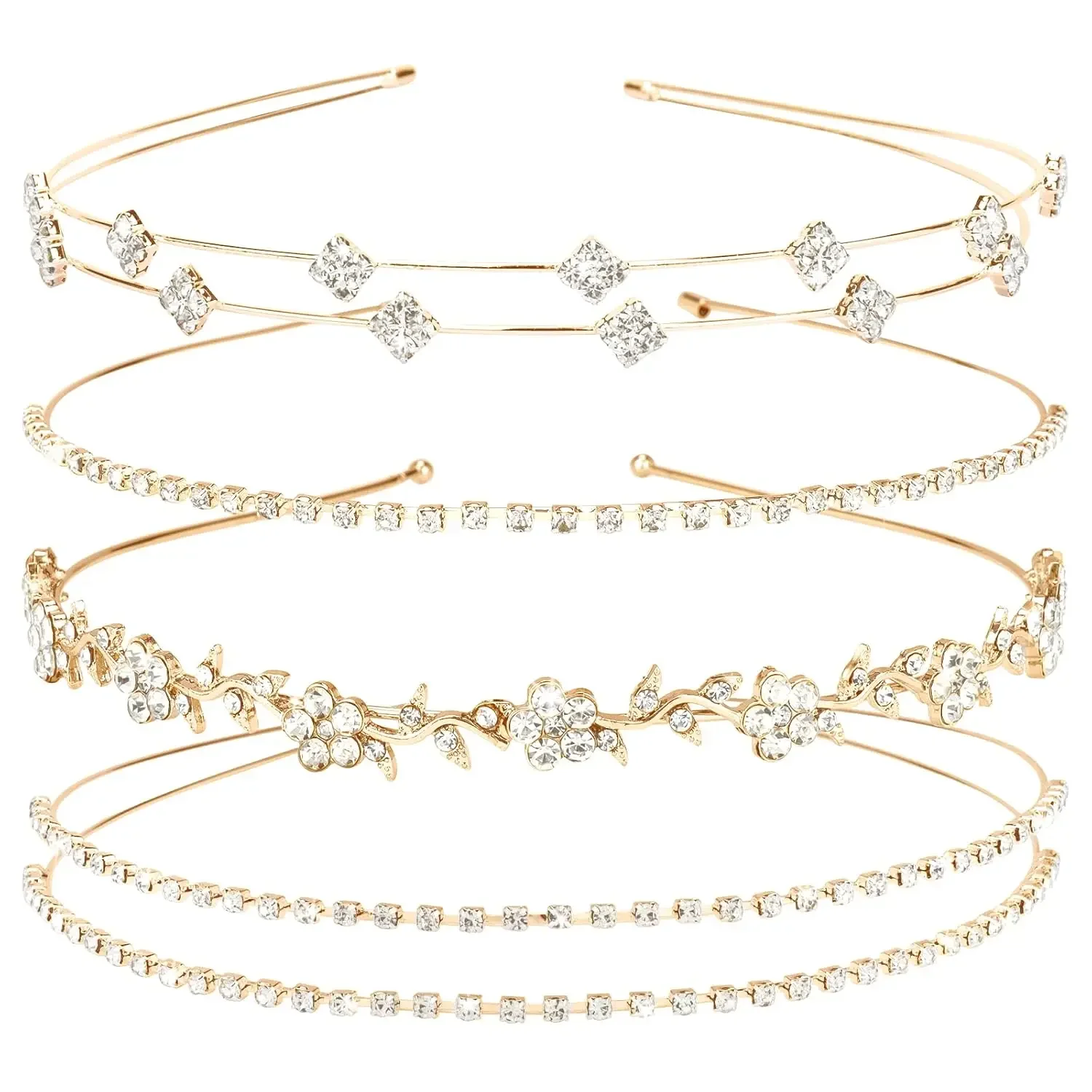 4pcs Rhinestone Headband Bridal Wedding Crystal Flower Girl Leaves Crown Metal Hair Band Tiara Prom Hair Accessories for Women