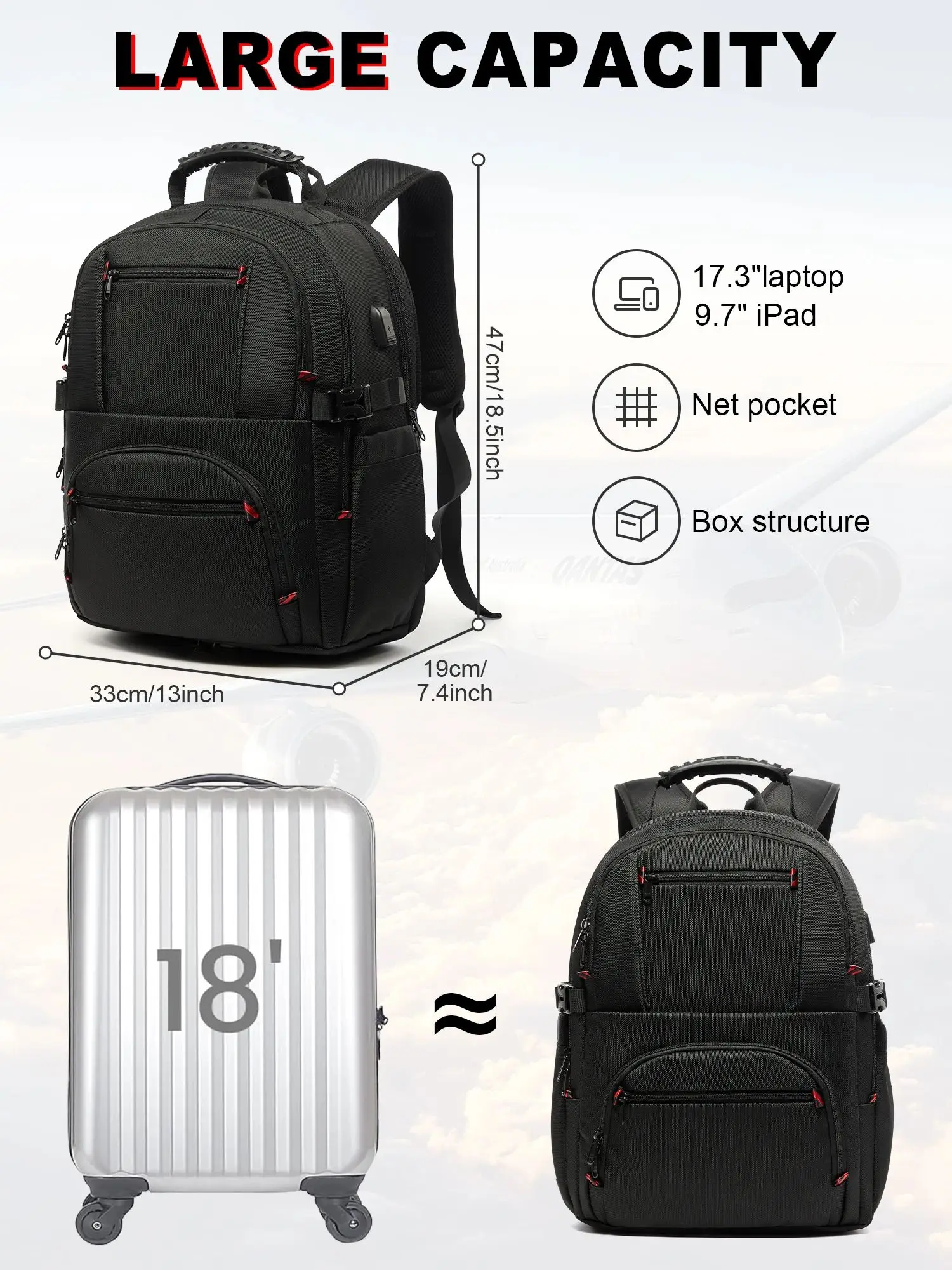 50L Extra Large Laptop Backpack with USB Charging, Travel Backpack for Men Women, Carry Backpack 17inch Black Executive Work Bag 4