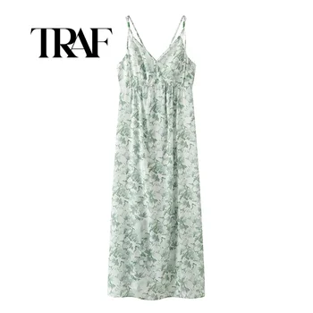 TRAF 보헤미안 여성 꽃무늬 긴 원피스 쉬폰 레이어드 브이넥 스파게티 스트랩 원피스 원피스, 홀리데이 비치웨어 브래지어