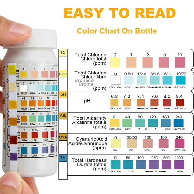 50Pcs/Bottle 6 In 1 Multipurpose Chlorine PH Test Strips SPA Swimming Pool Water Tester Paper High Quality