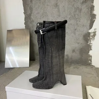 

2023 Autumn Winter New High quality fashion washed denim bell boots 1114