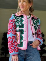 2025 hiver femmes fleur imprimé Parkas revers simple boutonnage à manches longues poche matelassé manteau femme Vintege dame nouveau dans les vêtements d'extérieur 1