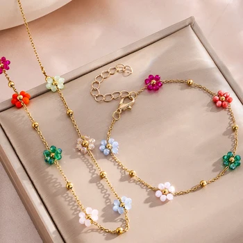 Yupsk Stainless Steel Waterproof Necklace Bracelet Set Colorful Artificial Crystal Flower Chain Jewelry Set for Women Gift 1