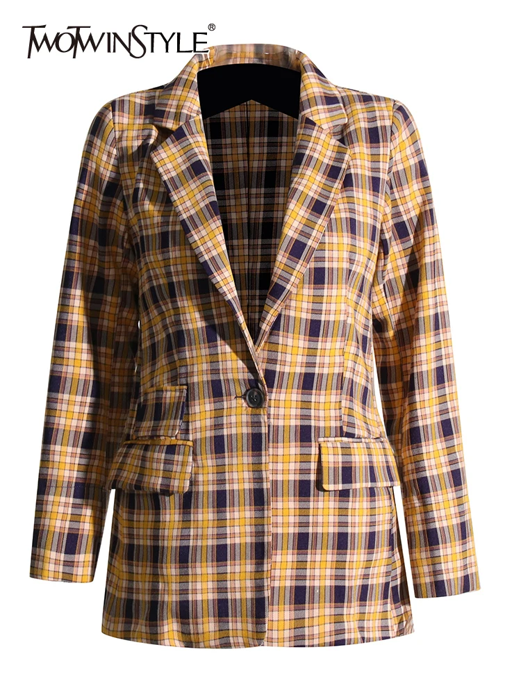 

Женский однобортный Блейзер TWOTWINSTYLE, свободный блейзер в клетку с отложным воротником и длинным рукавом, модная одежда