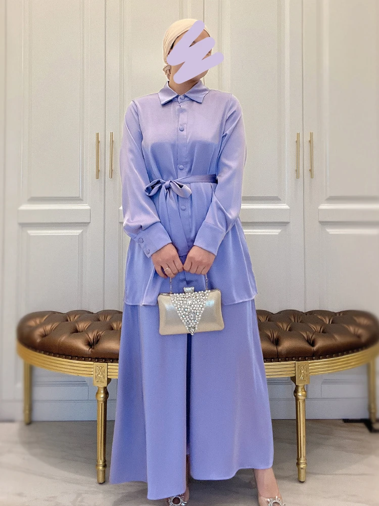 

2 Piece Matching Outfit Muslim Sets Turkey Satin Abaya Dress Top + Skirt Suit Arabic Hijab Dresses for Women 2023 Islam Kaftan