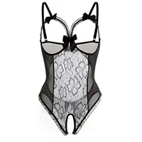 Sous-vêtements porno noirs pour femmes, soutien-gorge Transparent en dentelle, une pièce, Costumes Sexy, soutien-gorge ouvert, body sans entrejambe, ensembles de Lingerie érotique féminine 4