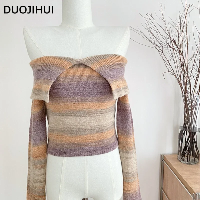 

DUOJIHUI Basic Slash Neck Knitting Sweater Female Pullover Autumn New Classic Spell Color Loose Simple Fashion Women's Pullovers
