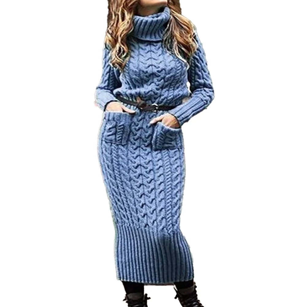

Maxi Dress Women Dress Sweater Bodycon Breathable Long Sleeve Regular Solid Color Chunky Cable Knitted Fashion