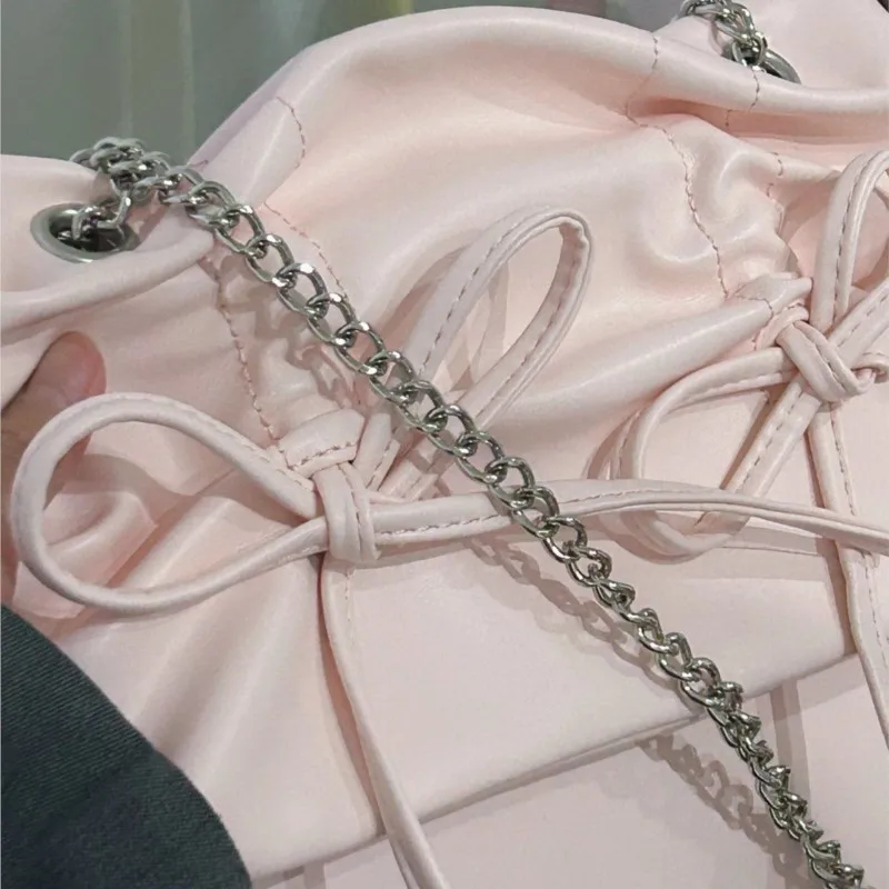 JIAERDI Sweet Cute Bow Tote Bag Women Elegant Ballet Style Gentle Pleated Shoulder Bag Ladies Chain Large Capacity Crossbody Bag