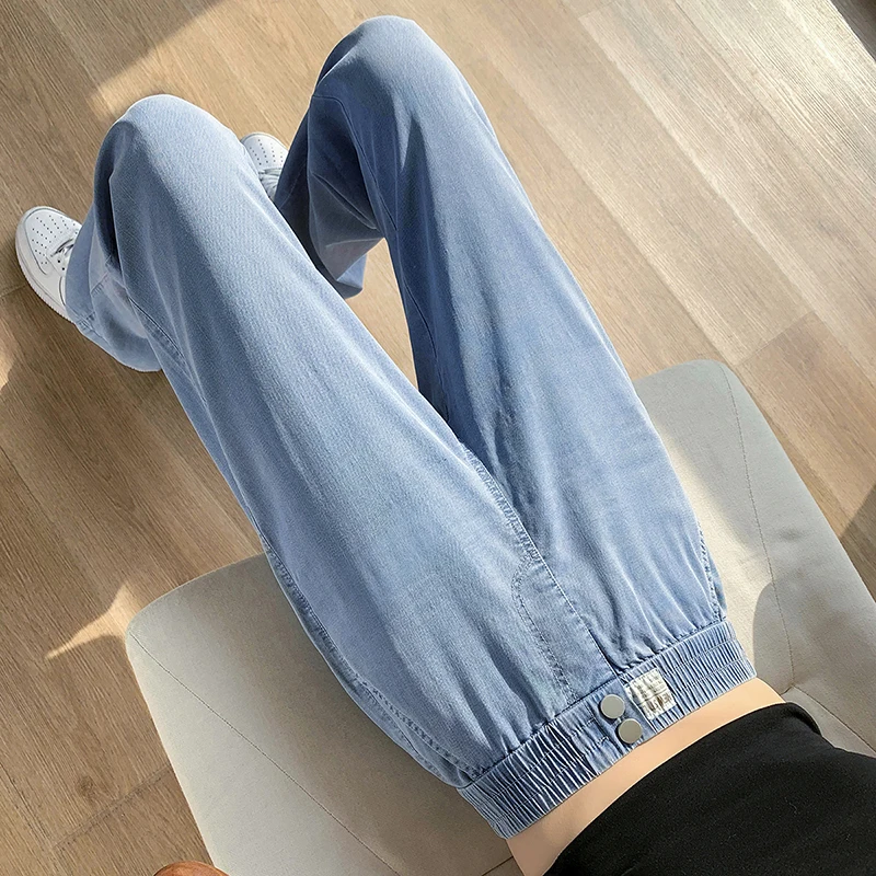 Spring Summer Thin Jeans Woman Casual Loose Wide Leg Pants Korean Fashion Ladies Elastic High Waist Straight Blue Trousers
