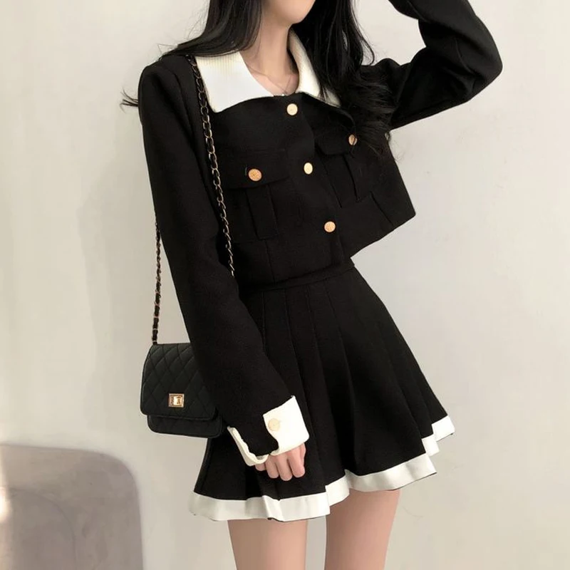 Korean Chic Two-piece Skirt Sets Patchwork Long Sleeves Cropped Top High Waist Pleated Mini Skirt Autumn Winter Y2K New Outfits