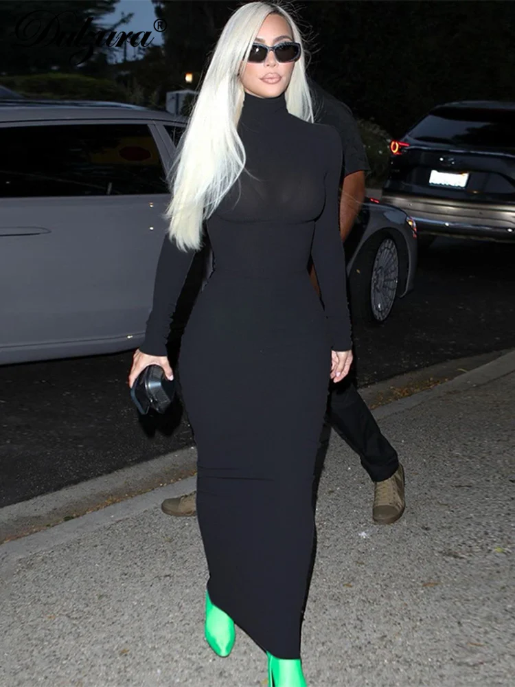 

Dulzura Solid Ribbed Long Sleeve Maxi Dress Bodycon Sexy High Neck Streetwear Y2K Clothes 2023 Autumn Winter Party Club Outfits