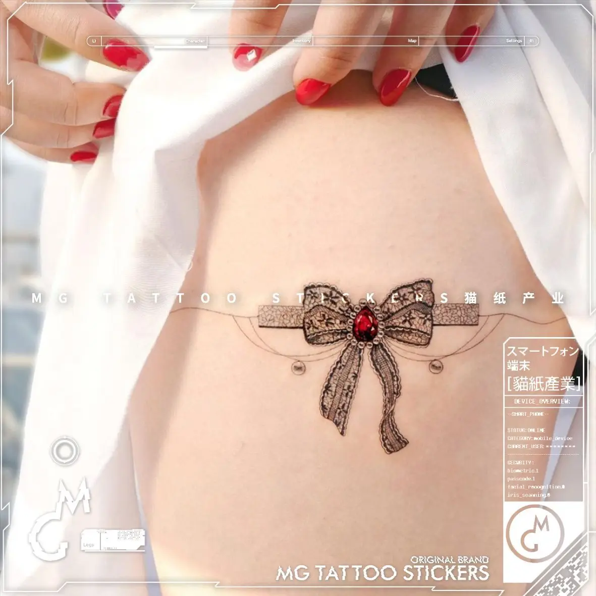 

Тату-наклейка кружевная с бантом женская, временная татуировка под красный драгоценный камень, искусственная, водостойкая