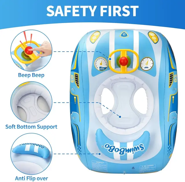 Swimbobo Toddler Pool Float Inflatable Car Baby Swim Float with Adjustable Sun Canopy and Safety Seat Pool Toys for Kids 5