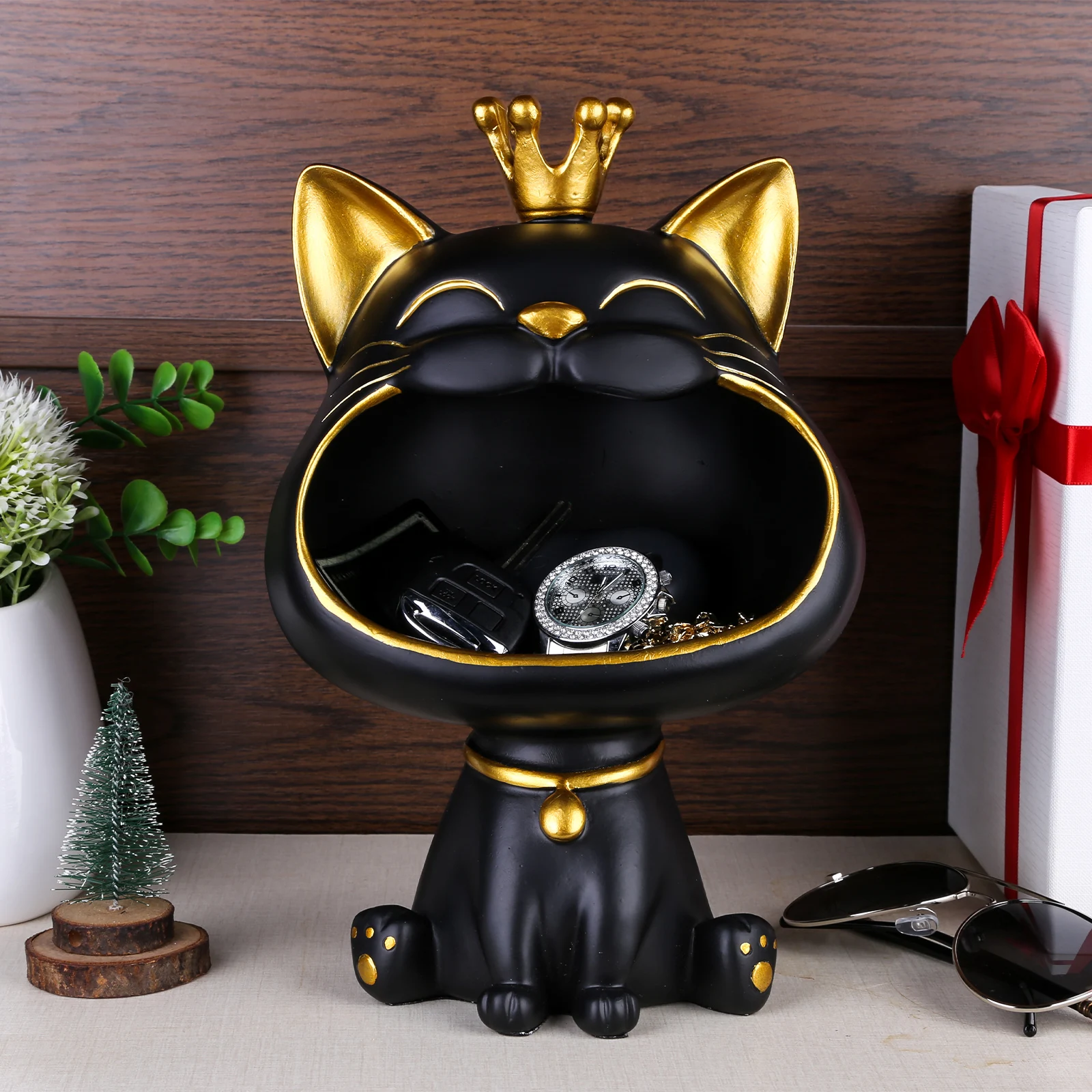 Lucky Cat Resin Figurine Creative Laughing Cat Storage Box Cute Big Mouths Cat Statue Desktop Key Box Container Home Decoration