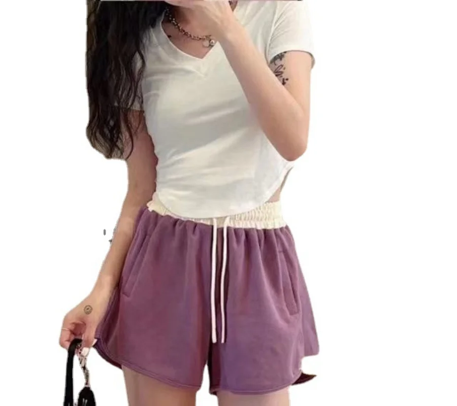 Summer Shorts Simple Fashion High Waist Drawstring Straight Shorts Korean Style Patchwork Striped Loose Casual Sports Women