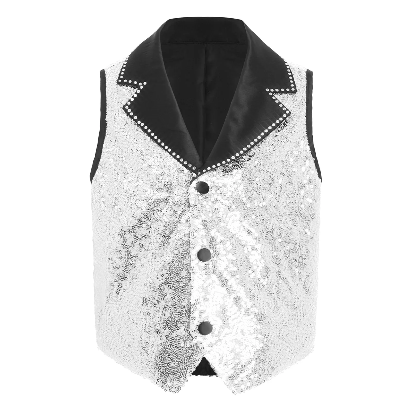 키즈 남아 여아 반짝이 스팽글 조끼 디스코 파티 재즈 힙합 댄스 의상 라펠 칼라 민소매 합창단 조끼 무대 의상