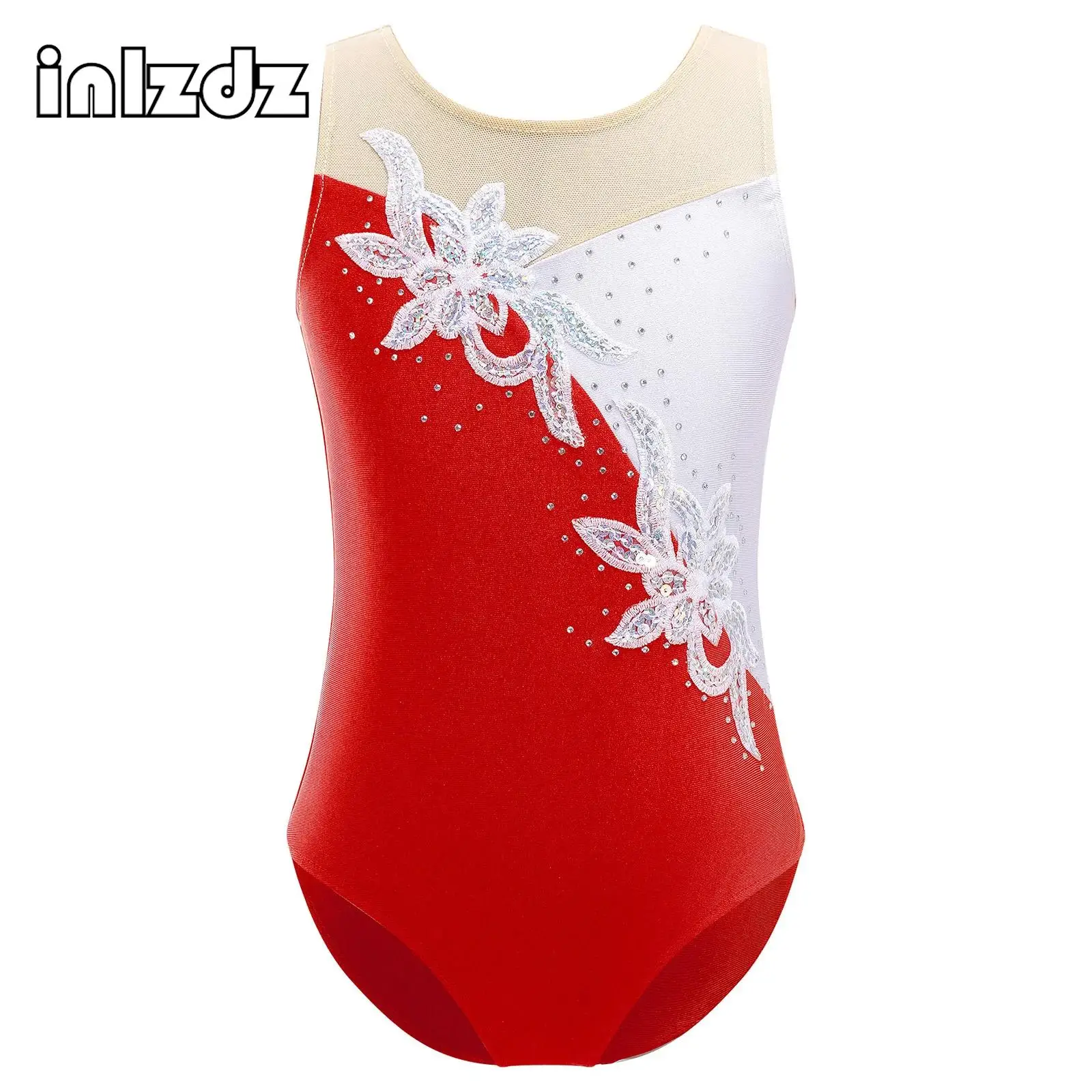 

Mesh Sequin Gymnastics Leotard Kids Girl Sleeveless Rhinestones Ballet Acrobatics Dance Bodysuit Figure Skating Jumpsuit Costume