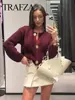 TRAFZA Women Vintage Wine Red Sweater Cardigan Female Metal Buttons Long Sleeve Coat With Pockets Fashion High Street Knitwear 3