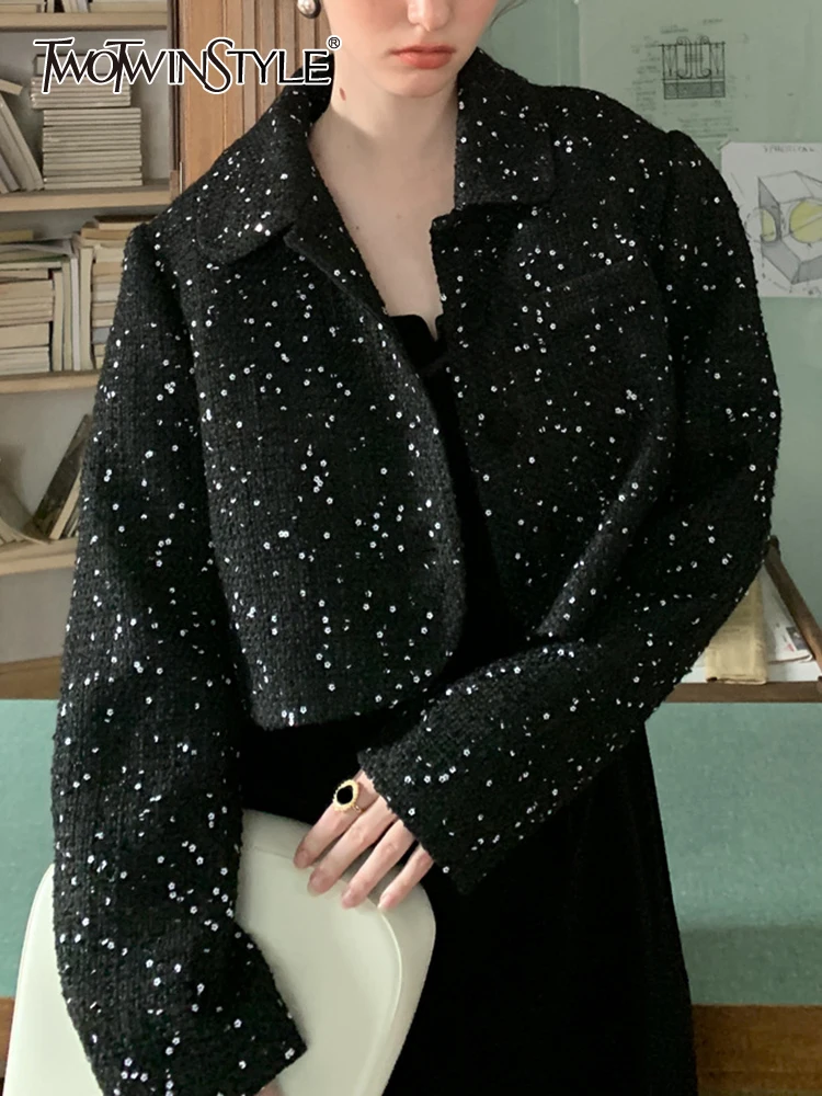 

TWOTWINSTYLE Solid Patchwork Sequins Coat For Women Lapel Long Sleeve Spliced Single Breasted Temperament Coats Female Fashion