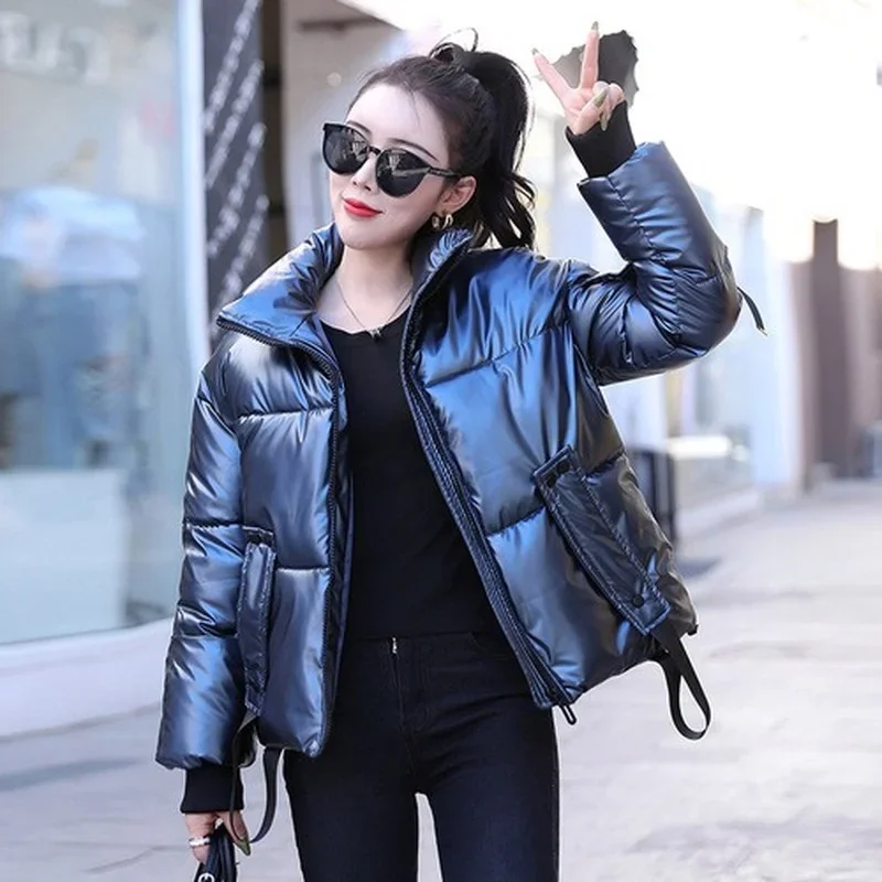 Women Autumn Winter Cotton Trend Casual Solid Color Coats Short Bright Face 2021 New Warm Jackets Thick Long Sleeve Overcoats