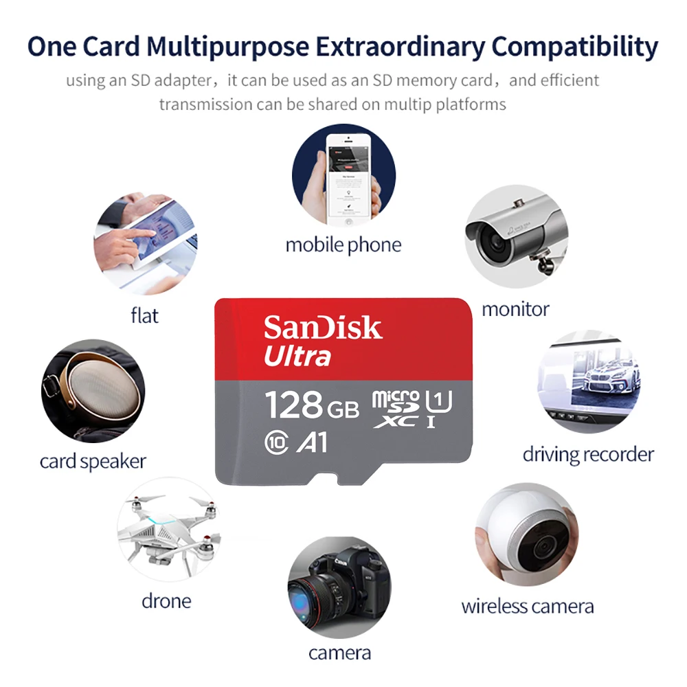 100% 오리지널 SanDisk 메가 마이크로 SD 메모리 카드, V10,A1, 모바일 태블릿 카메라 오디오 디지털 C10 U3