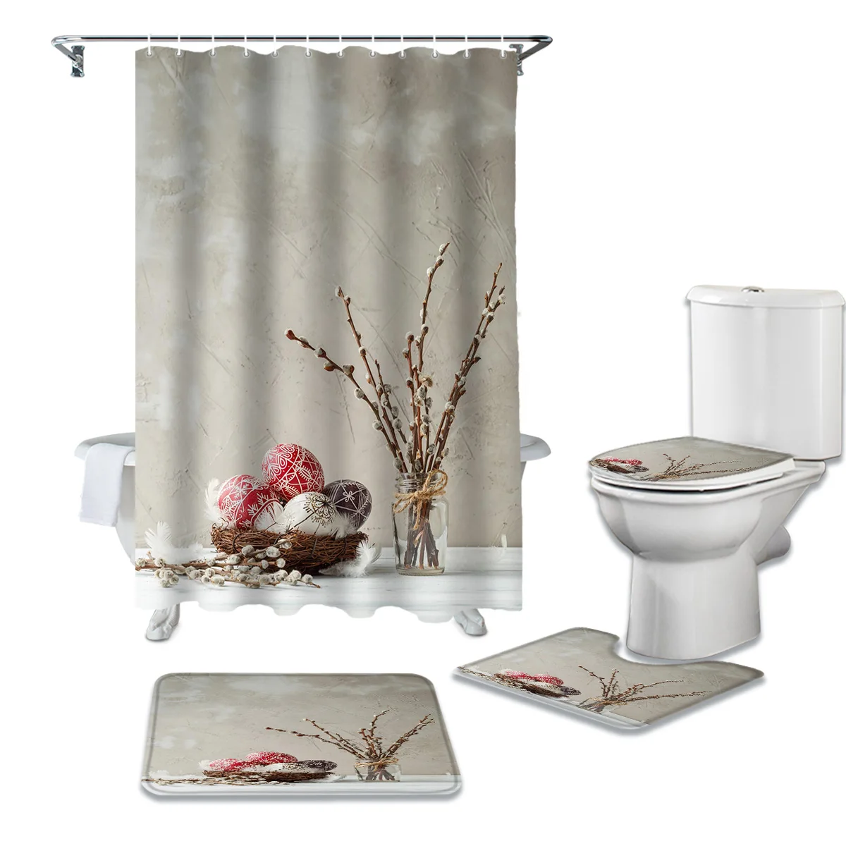 Easter Eggs Willow Branches Bottle Bathroom Shower Curtain Bath Rug Carpets Set Toilet Lid Cover Floor Mats Accessories | Дом и сад