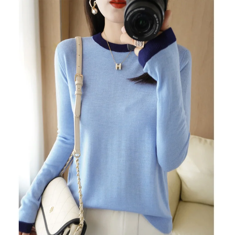 

Contrast Color Long Sleeve Round Neck Pullover Thin Knitted Sweater Women Fall Winter New Style With Loose Thin Blouse As a Base