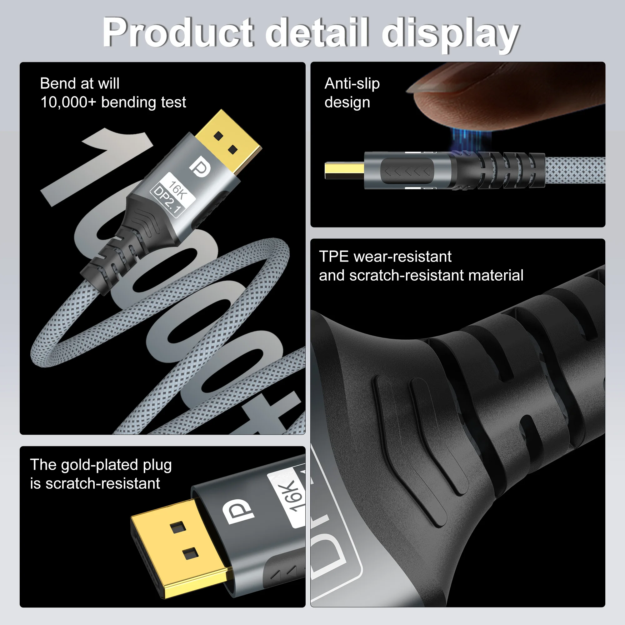 Ultra High-Speed Nylon DisplayPort 2.1 Cable, 16K@30Hz, 8K@120Hz, 4K@240Hz, 54Gbps, Bidirectional Connectivity