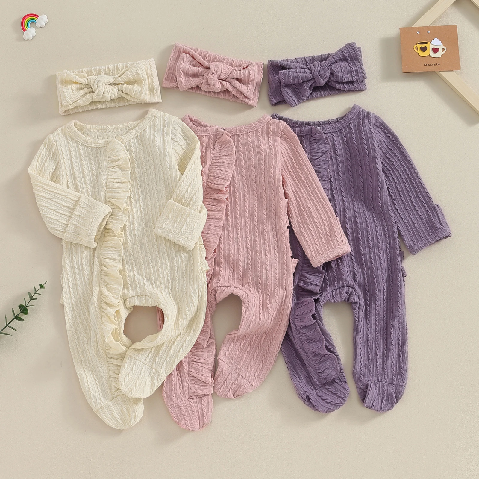 Newborn Coming Home Outfit Girl Boy Zip Up Ruffle Butts Footie Romper Jumpsuit Waffle Knit Hospital Clothes