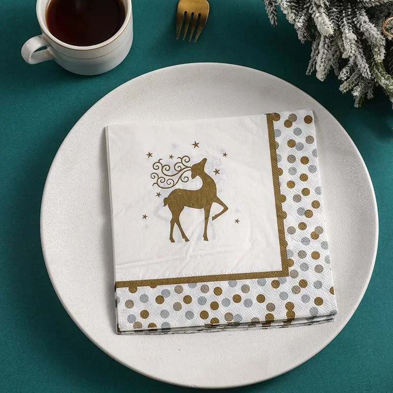 20pcs 33cm 2-Ply Christmas Napkins Golden Elk Gold Trimmed Polka Dot Printed White Paper Placemats Ambient Decorative Paper