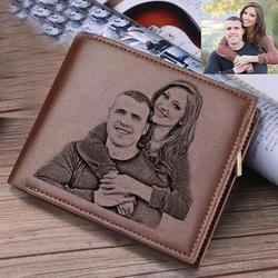 Personalized Engraved Leather Wallet - Slim Trifold with Custom Photo Gift (Brown)