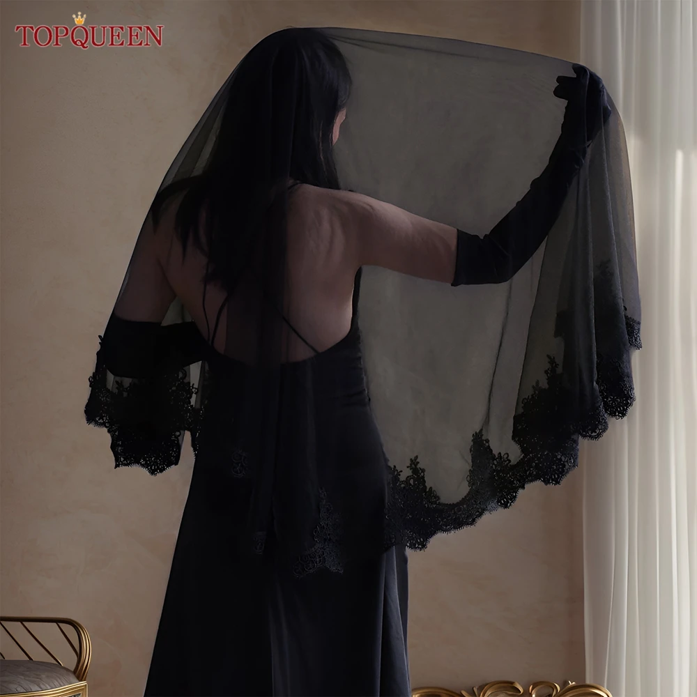 Double Layers Black Lace Edging Veil Halloween Collection Black Blusher Accessory Velo Negro Encaje Mantilla V224 Bridal Veil Catholic Church Veil