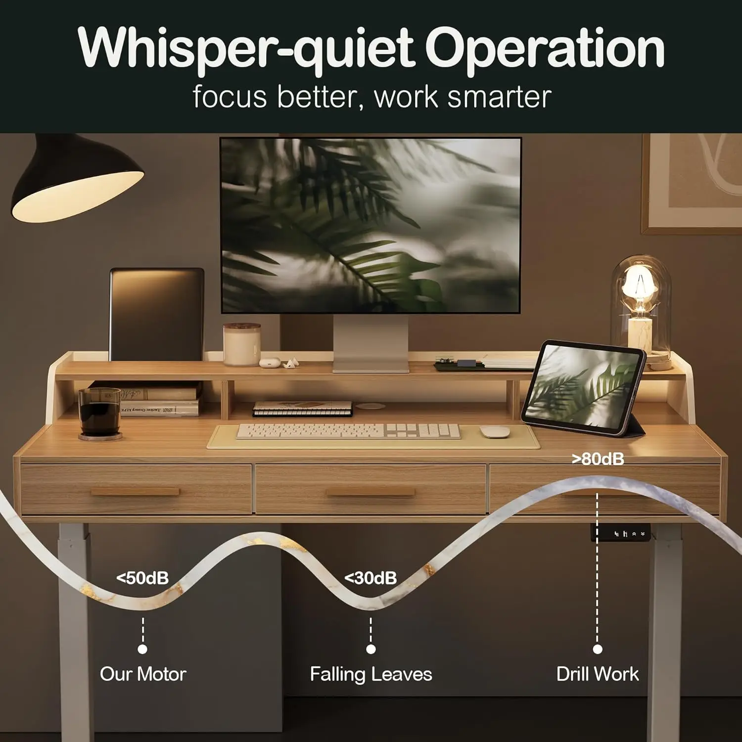 Standing Desk with 3 Drawers, 48 x 26 Inches Height Adjustable Desk with Monitor Shelf, Electric Stand Up Desk