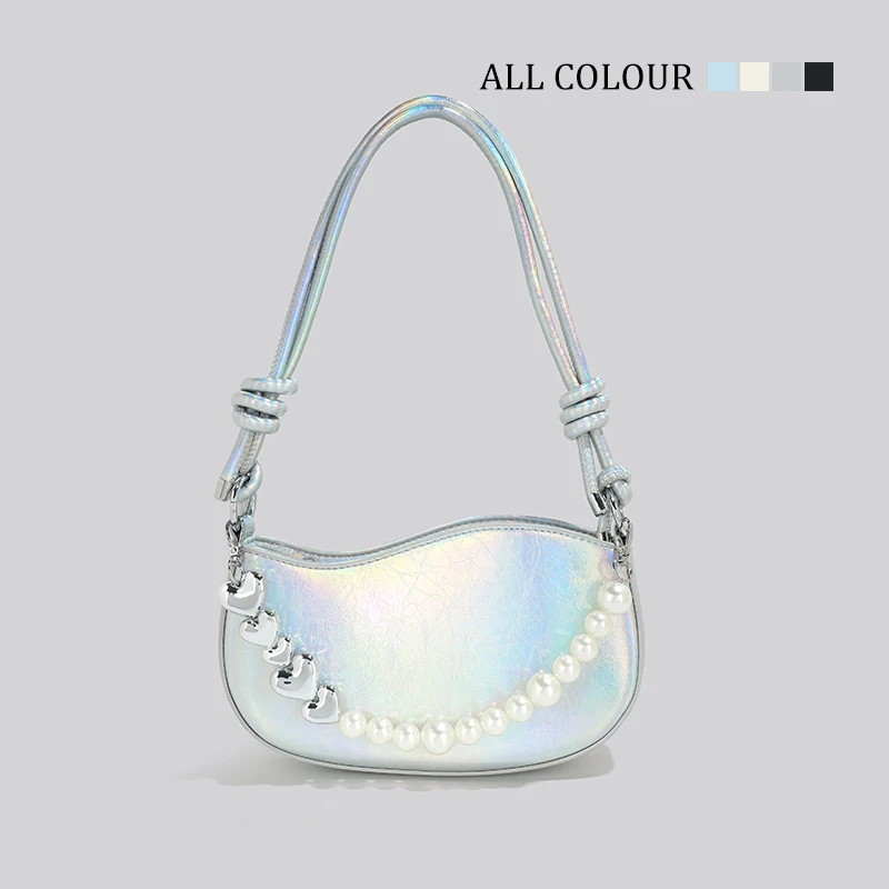 

Женская сумка-хобо с голограммой, роскошный кожаный дизайнерский чемоданчик на плечо для подмышек с жемчугом и бисером, серебристого цвета