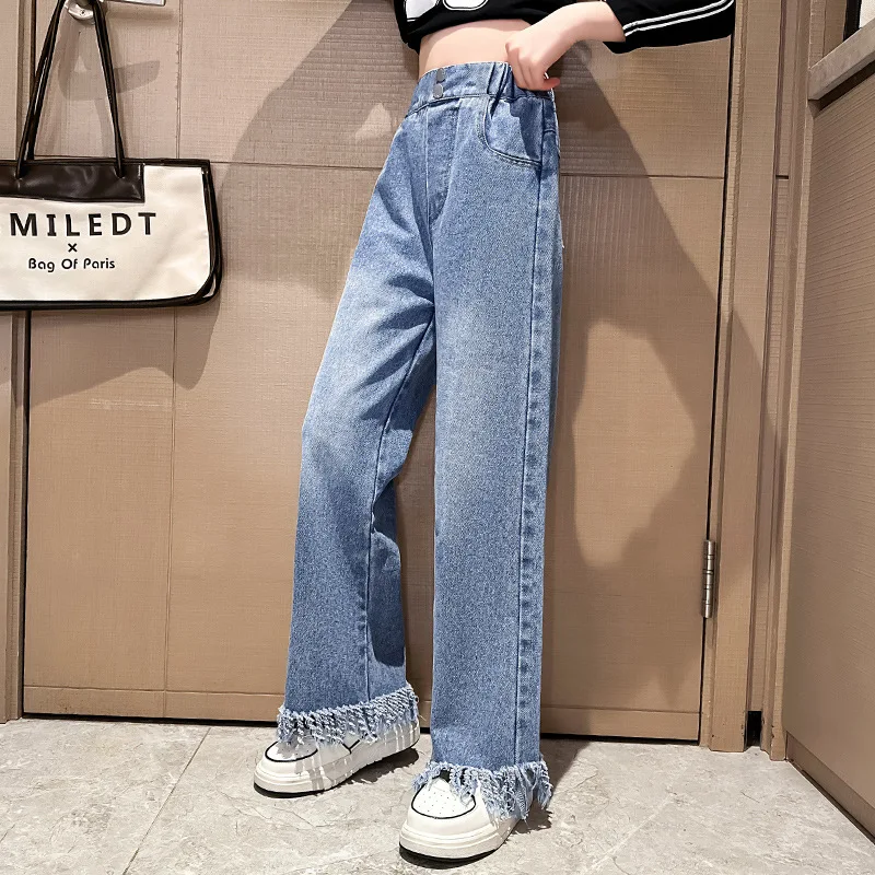 Teen Girls Wide Leg Pants for Korean Straight Fashion Tassel Design Spring Fall Hot Sales Children Vintage Denim Trousers 10 12Y