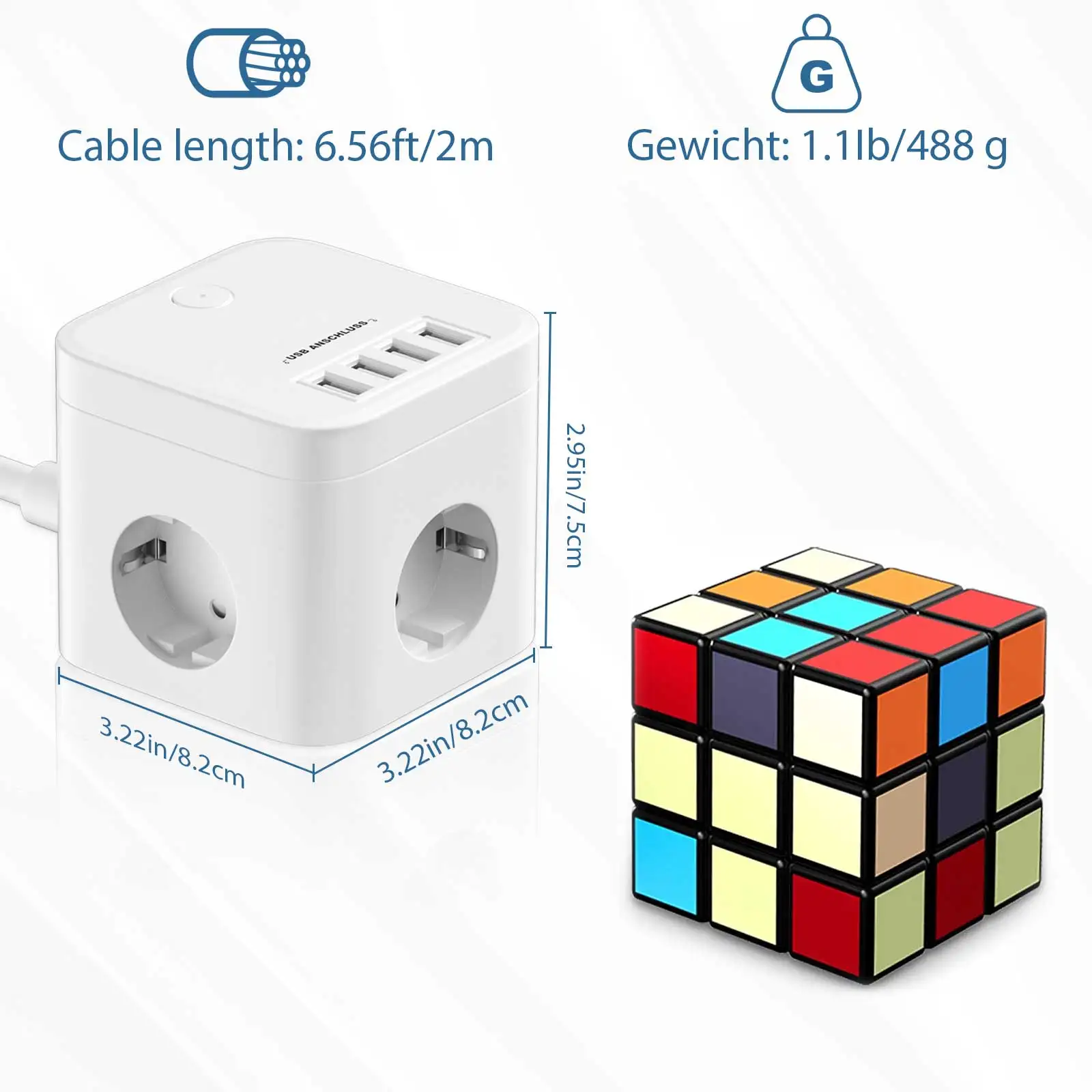 Würfel Steckdosenleiste Mit USB - 4 Fach + 4 USB Ports, 4000W, 2m Kabel, Überspannungsschutz