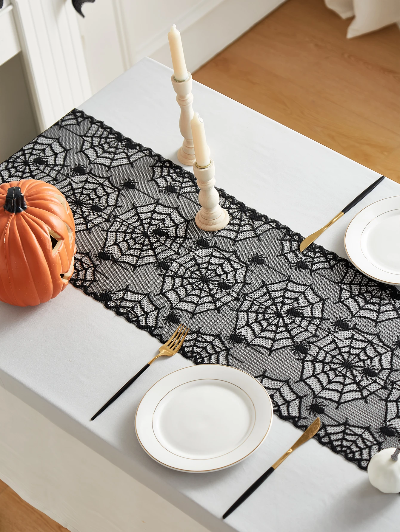 thumbnail image 2 of Halloween Spider Web Table Runner 18x72 Inch - Black Lace Gothic Table Decor 2 of 14