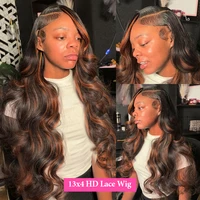 Perruque Lace Frontale HD 13x6 en Cheveux Humains, Densité 220, 30 Pouces, Noir Brun 1B/30, Ondulée Body Wave, avec Mèches Colorées 4